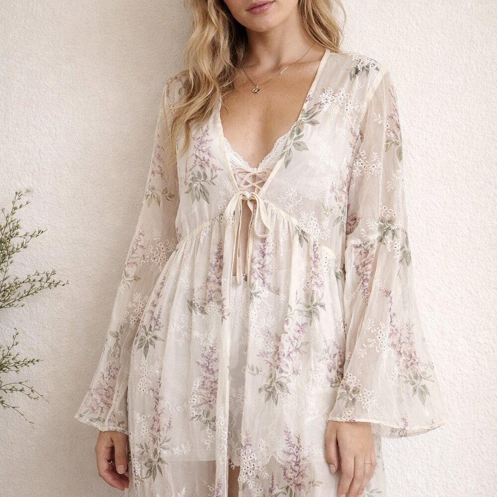 ACOA Sheer Floral Maxi Kimono Cover Up Small Cottagecore Fairycore Boho - Picture 9 of 11